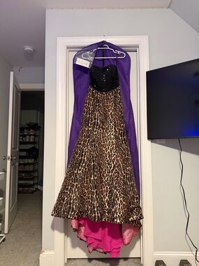 Sherri Hill Black Beaded Bodice Leopard Print Gown with Pink Lining